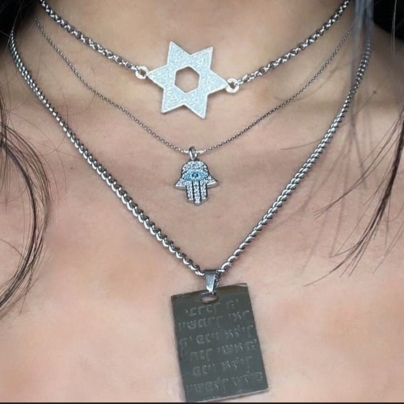 Silver Diamond Star of David Magen David Charm Choker Necklace