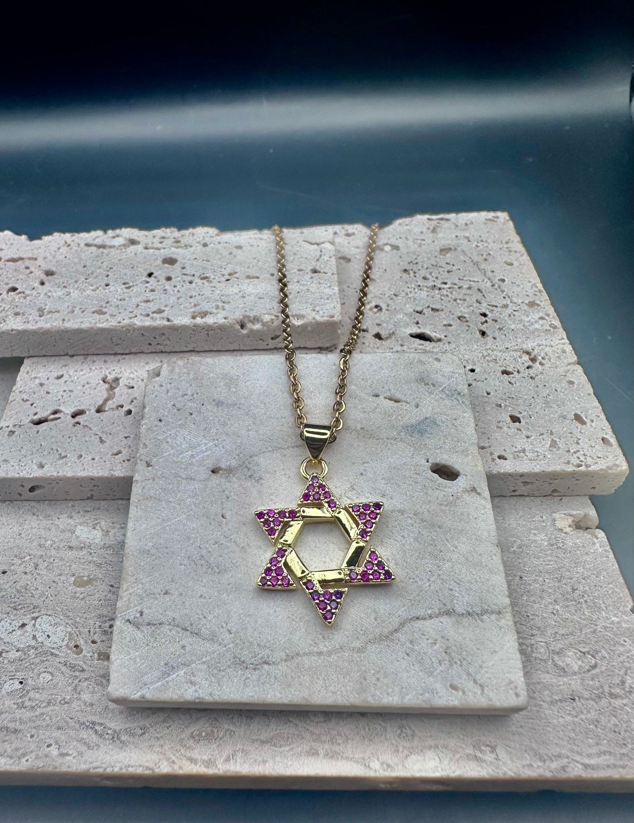 Gold, Pink Crystal Star of David Necklace