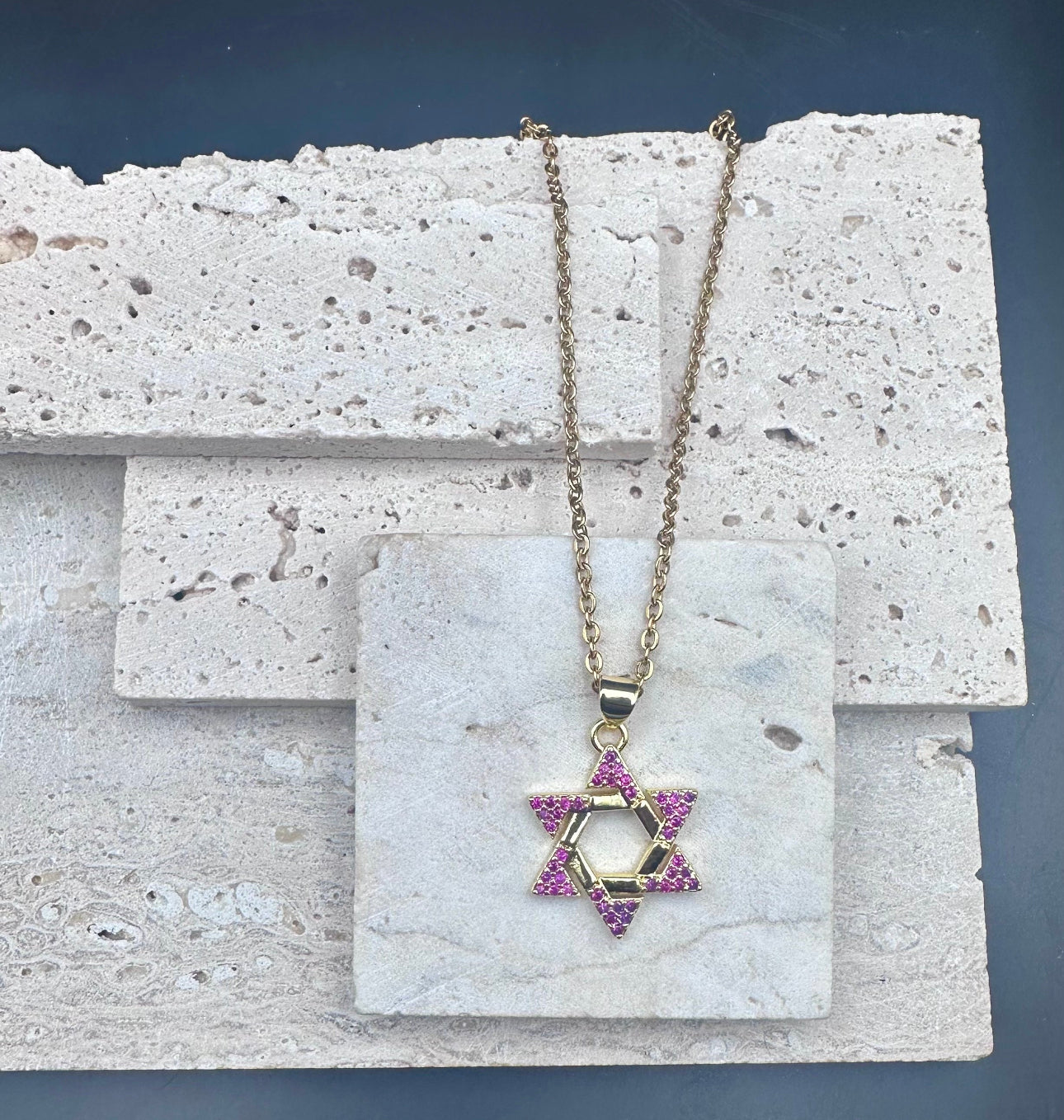 Gold, Pink Crystal Star of David Necklace