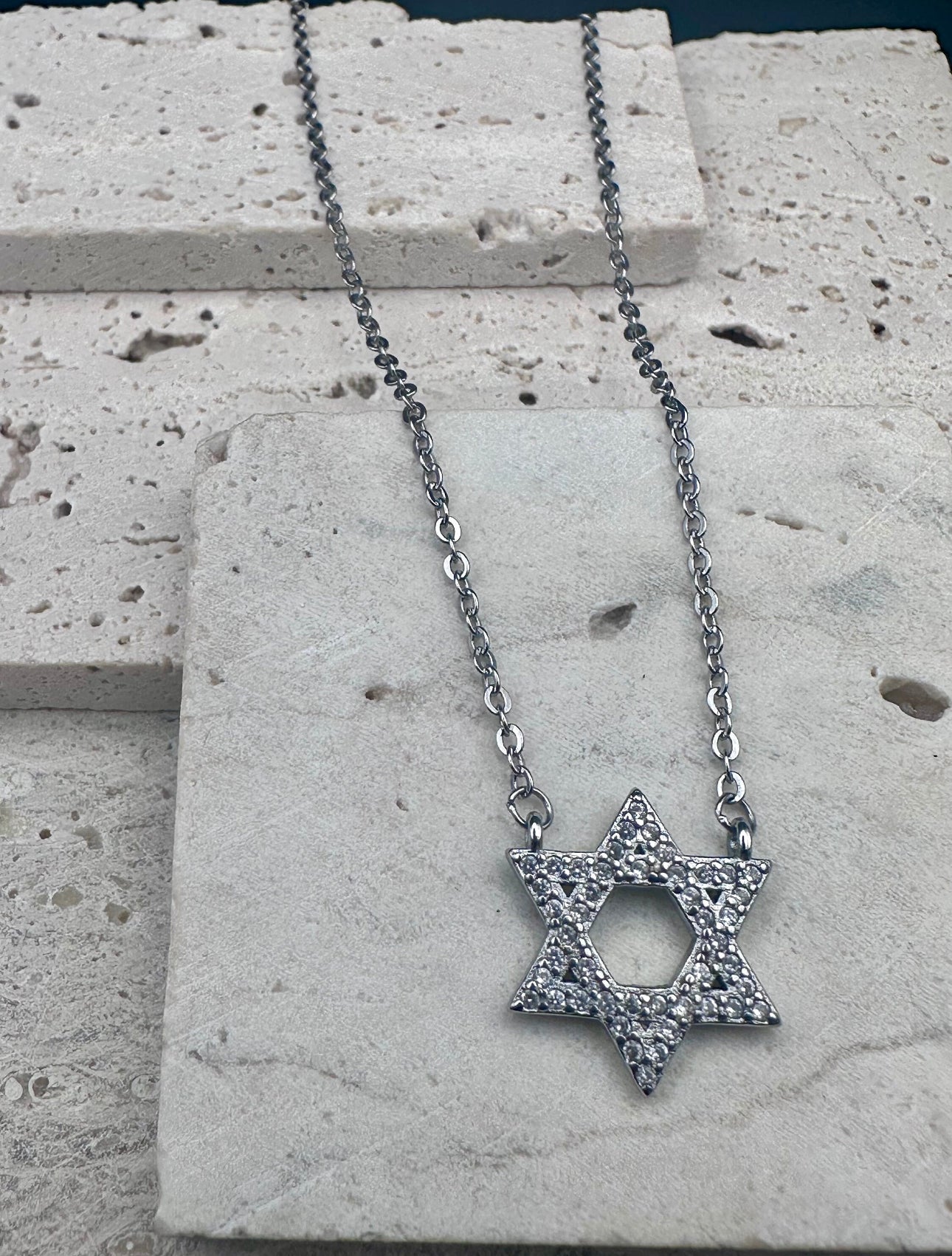 Jewish Star of David Crystal Silver Necklace