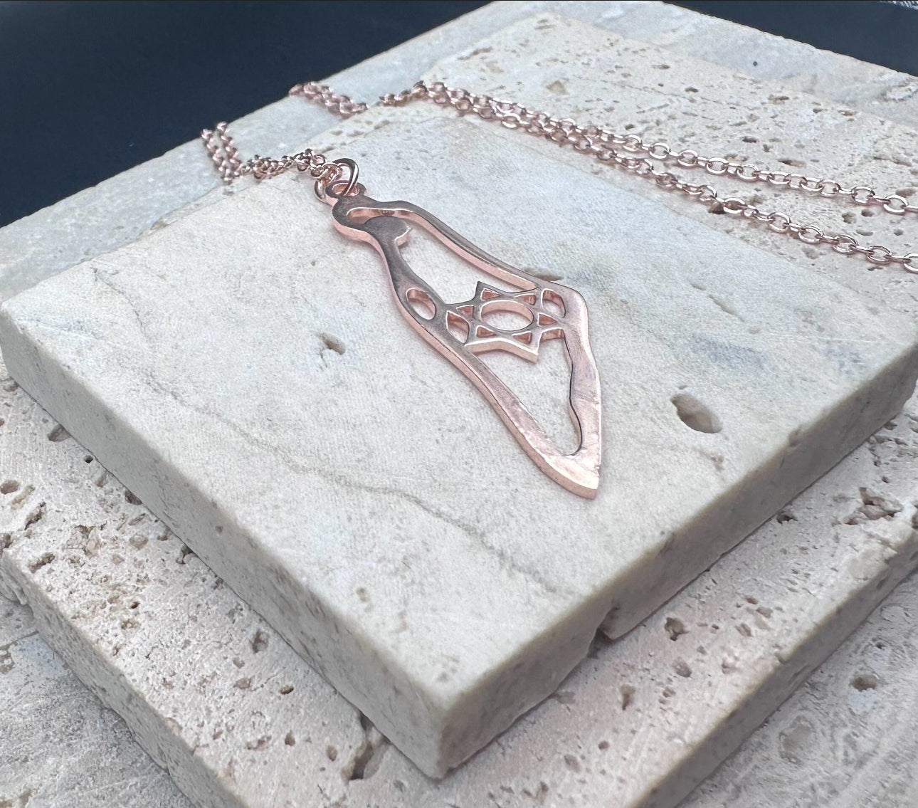 Women’s Rose Gold Necklace , map of Israel with Jewish Star Magen David