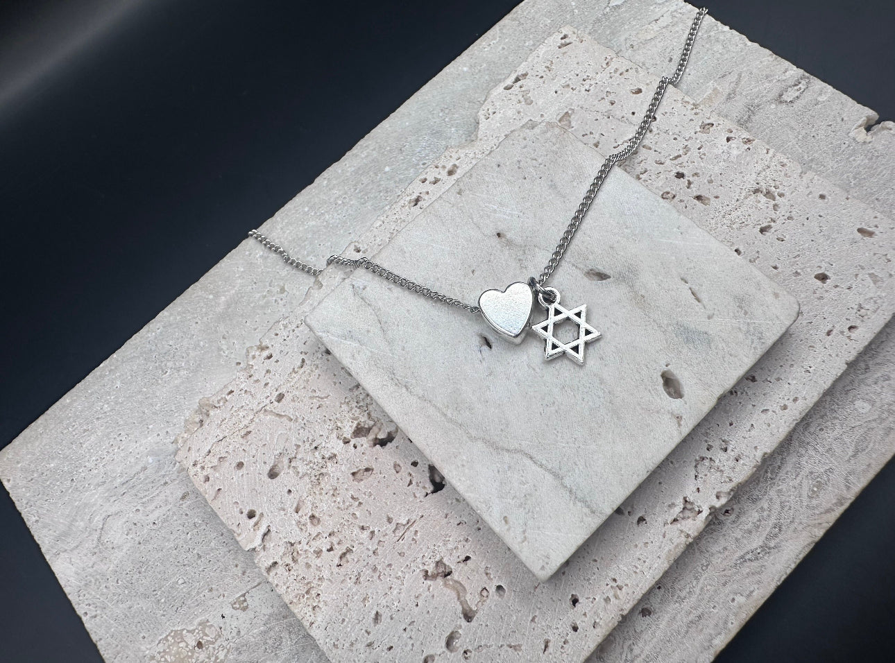 Silver Magen David Star of David and Heart Pendant Necklace