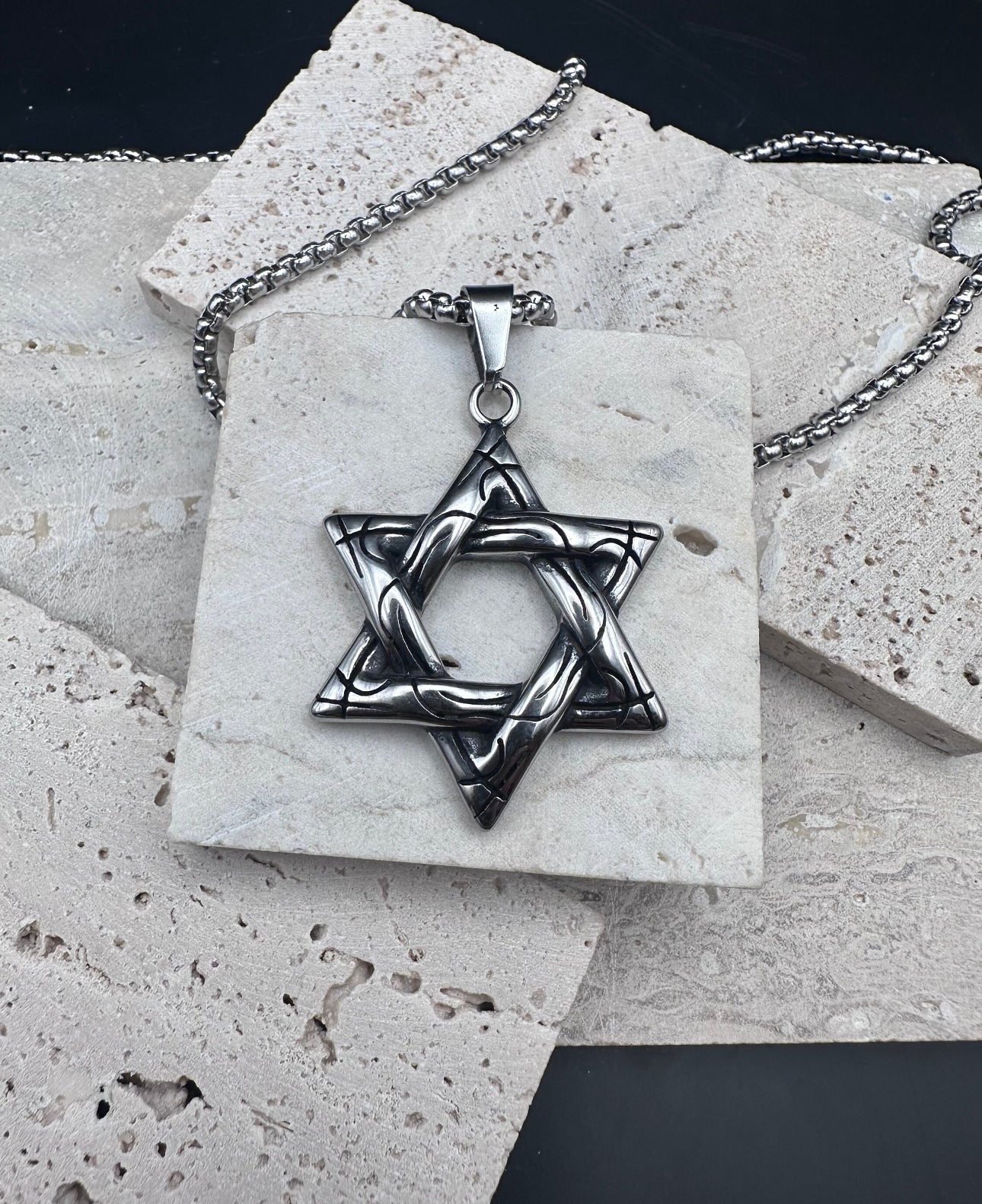 Stainless Steel Necklace Star of David for Men Silver 60 cm length