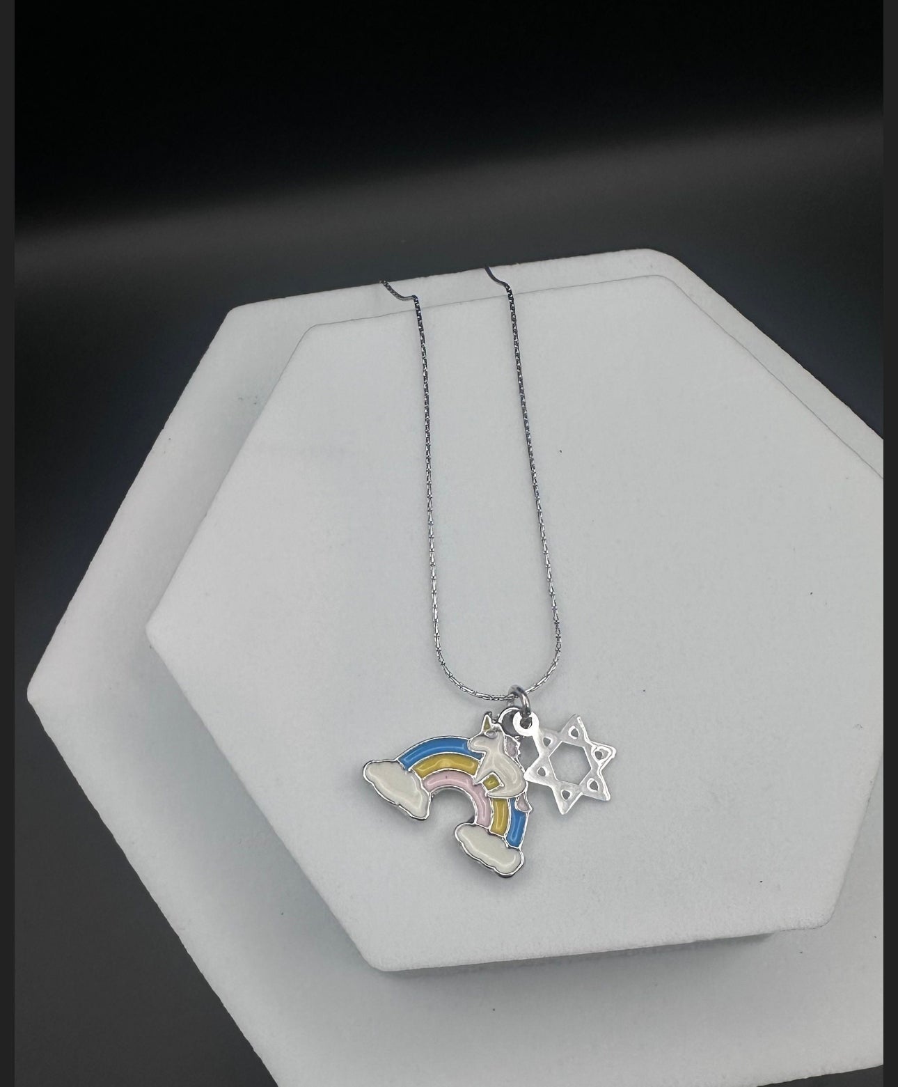 Silver Rainbow Unicorn Magen David Star of David Kids Necklace , 14’ Chain