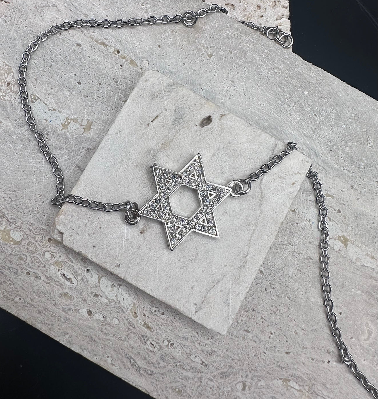 Silver Diamond Star of David Magen David Charm Choker Necklace