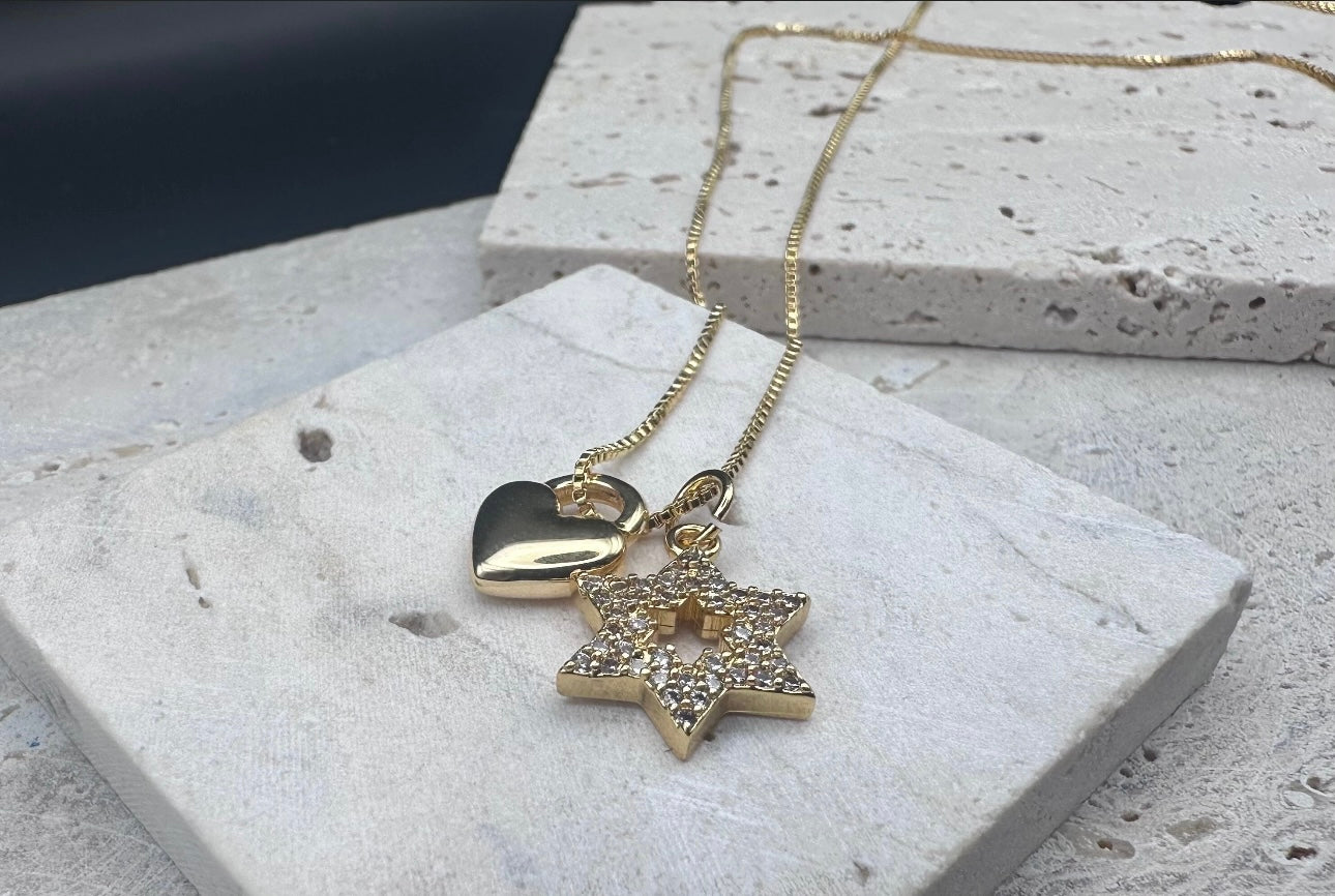 Gold Diamond Magen David Star of David and Gold Heart Lock Charm Necklace , length adjustable chain