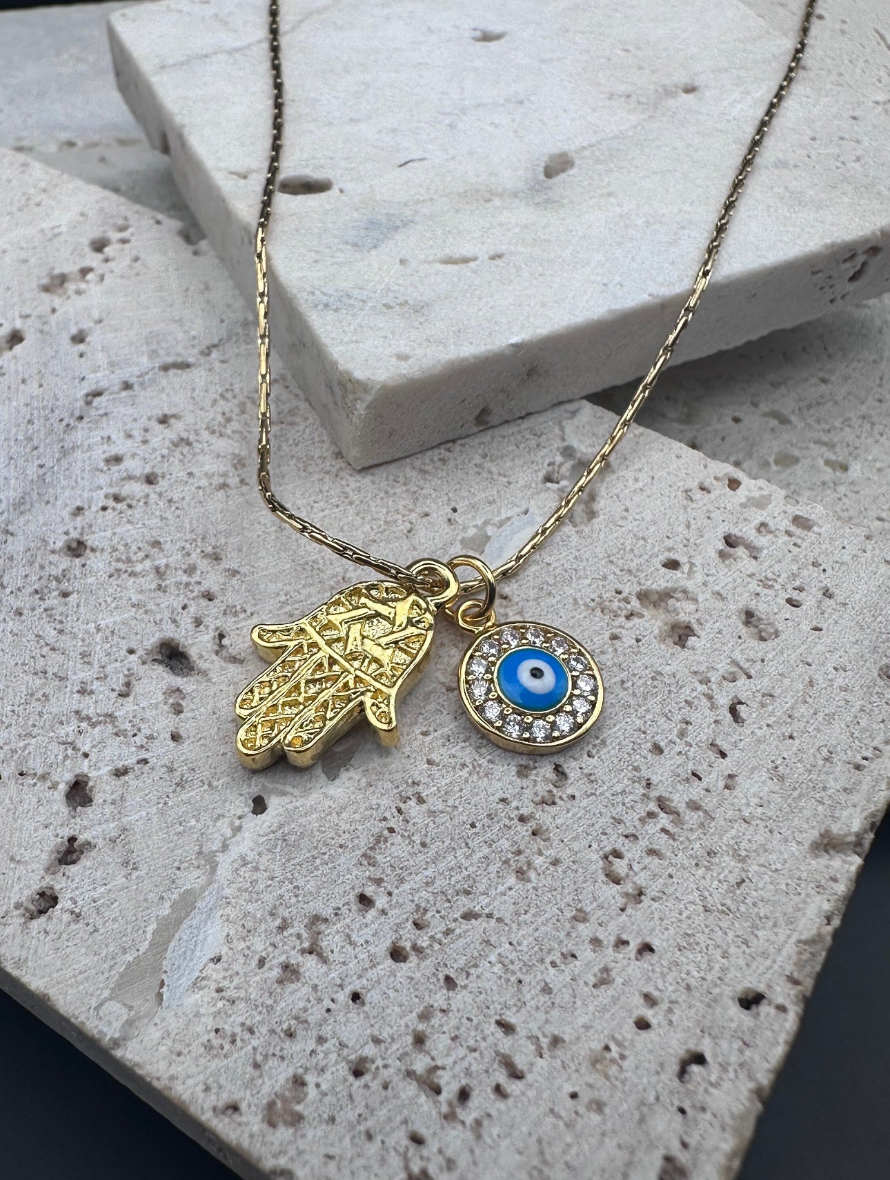 Gold Hamsa with Star of David and Gold, Diamond Evil Eye Charm Necklace / Choker , length adjustable chain