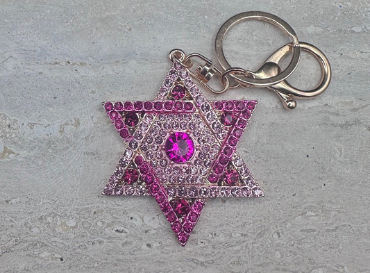 Pink Rhinestone Magen David Keychain Star of David