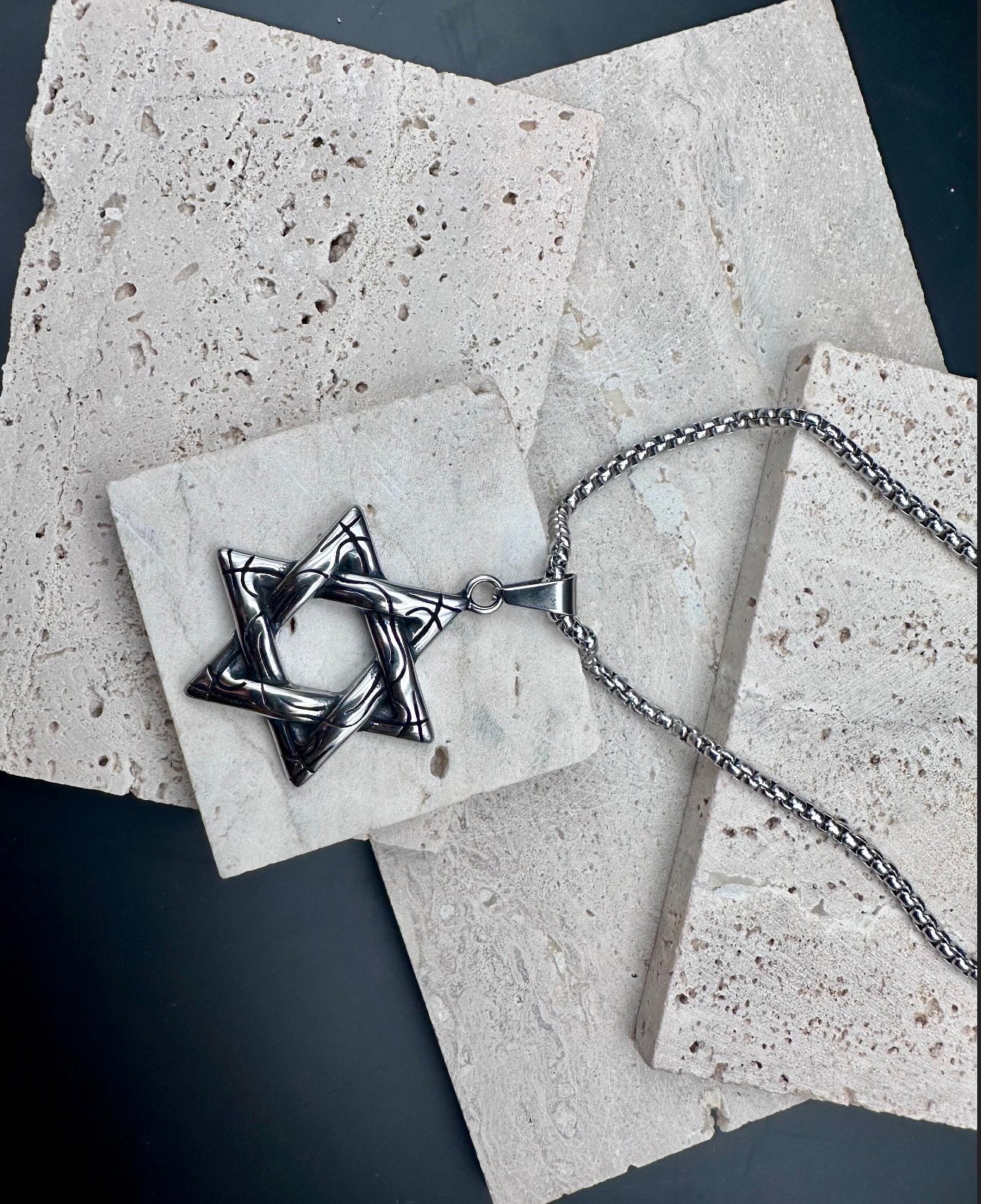 Stainless Steel Necklace Star of David for Men Silver 60 cm length