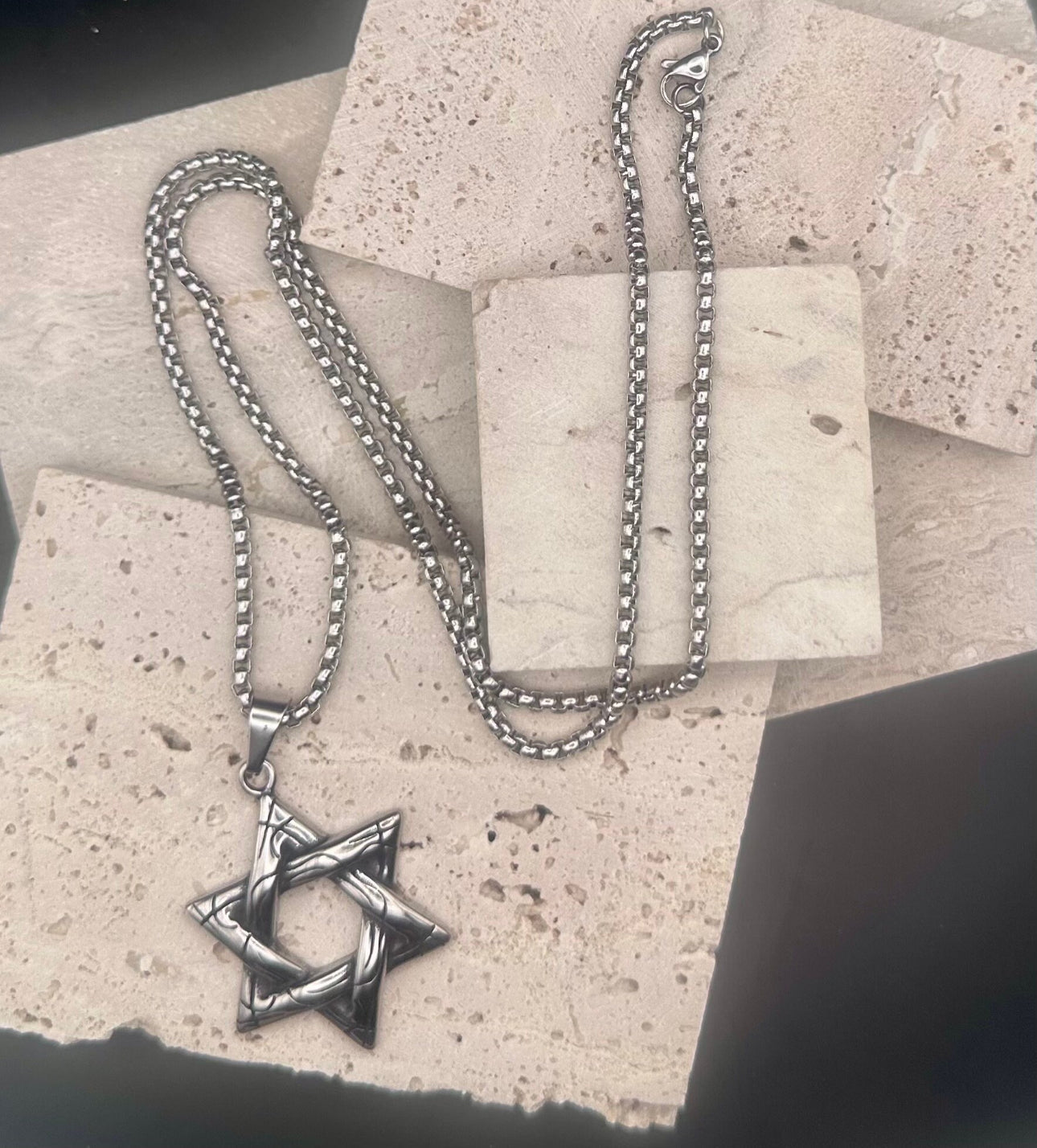 Stainless Steel Necklace Star of David for Men Silver 60 cm length