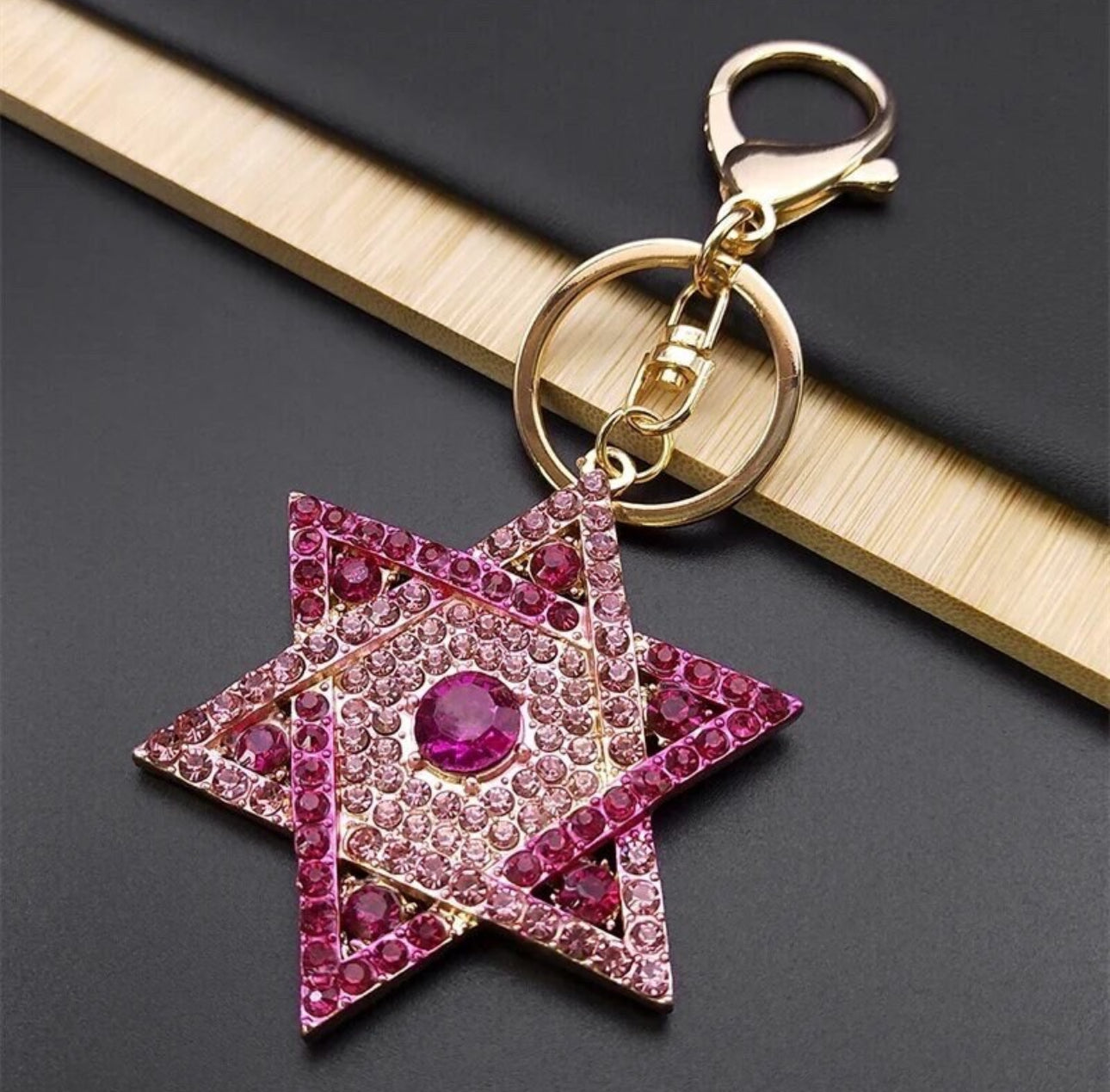 Pink Rhinestone Magen David Keychain Star of David