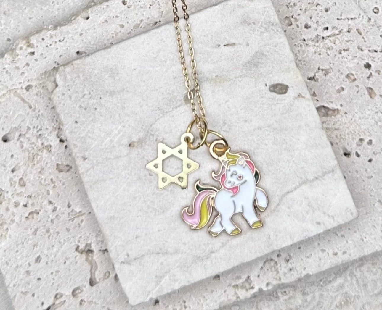 Gold Rainbow Unicorn Magen David Star of David Kids Necklace / Choker , adjustable length chain