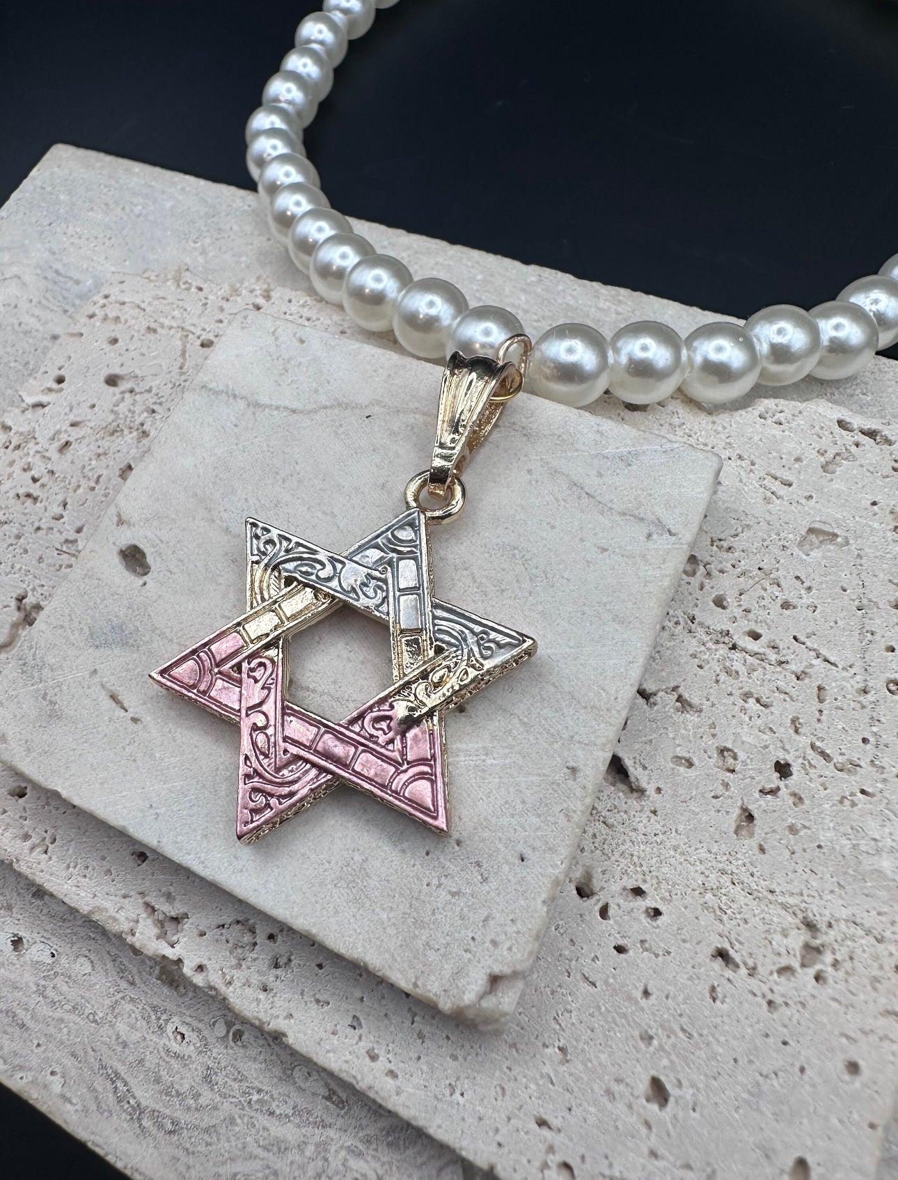 Gold Pink and Blue Magen David Star of David Pearl Necklace 18K Gold Plated