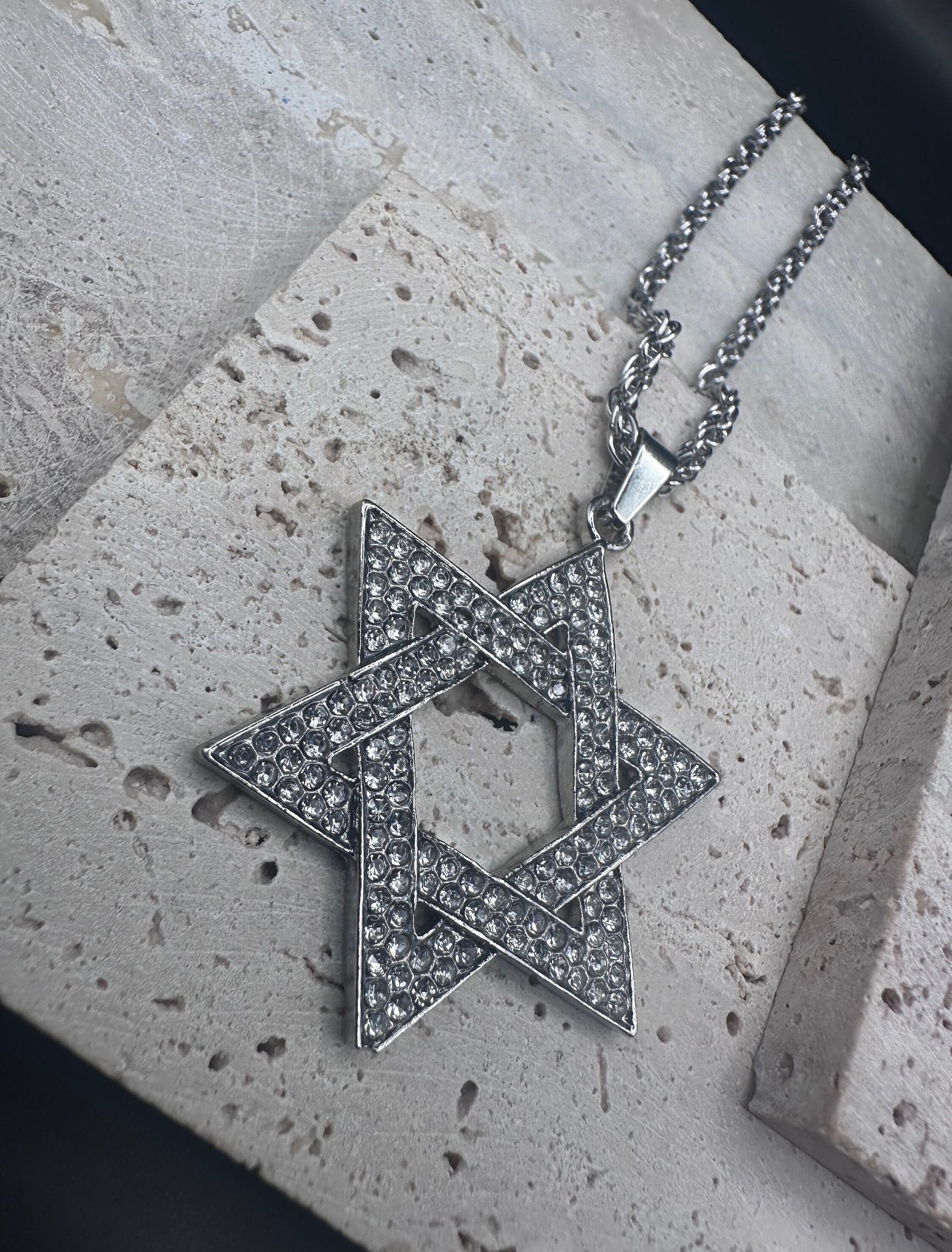 LARGE pendant Jewish Star crystals Magen David Necklace for Men and Women Silver