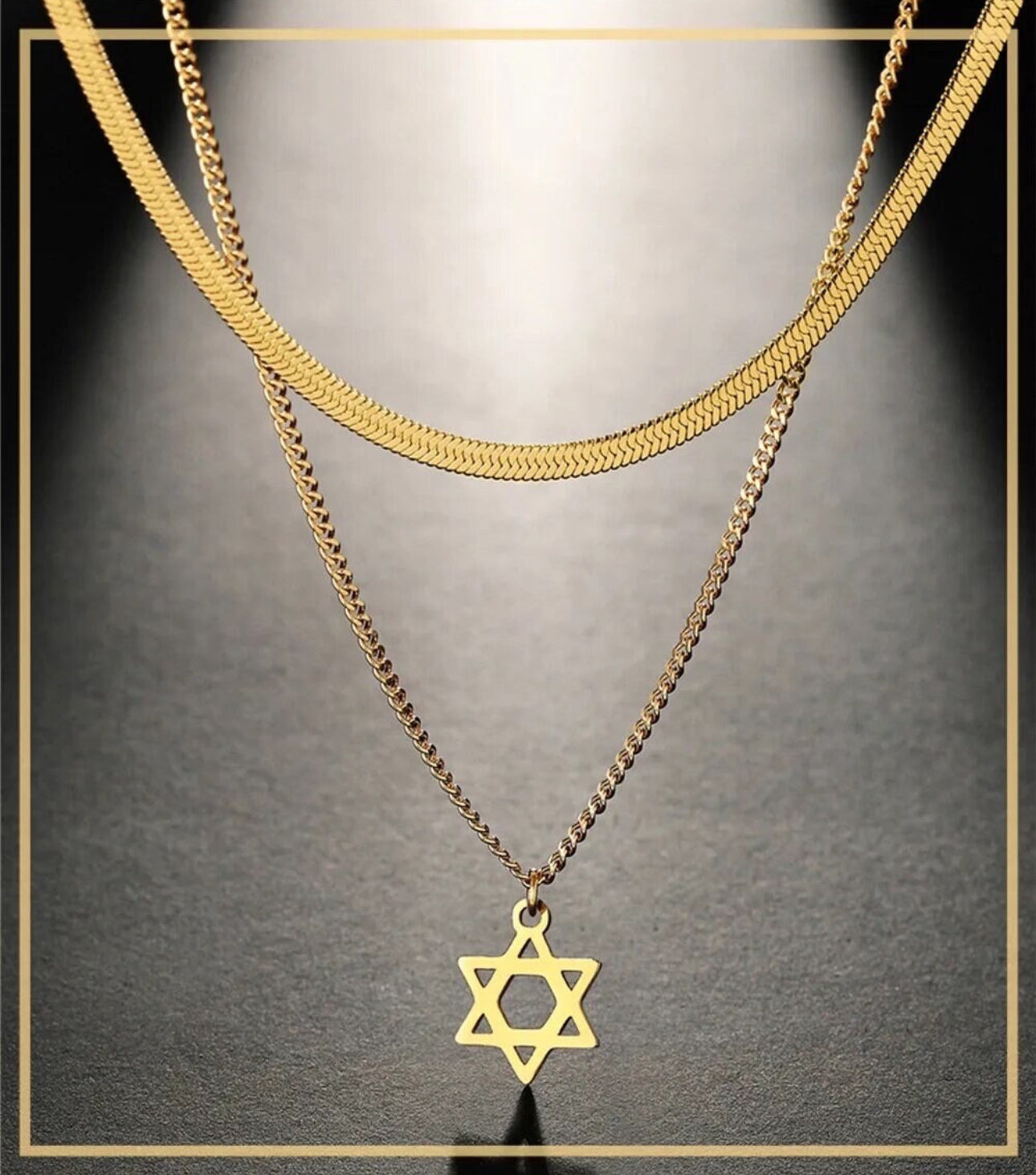 Double Layer Star of David Necklace Gold Stainless Steel