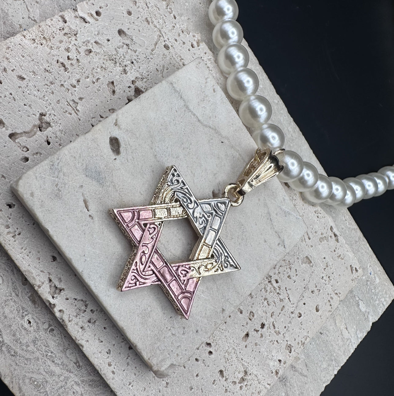 Gold Pink and Blue Magen David Star of David Pearl Necklace 18K Gold Plated