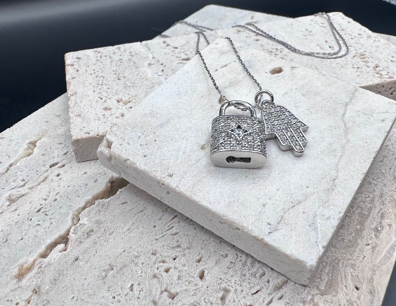 Silver Diamond Lock and Hamsa Charm Necklace , 20’ Chain