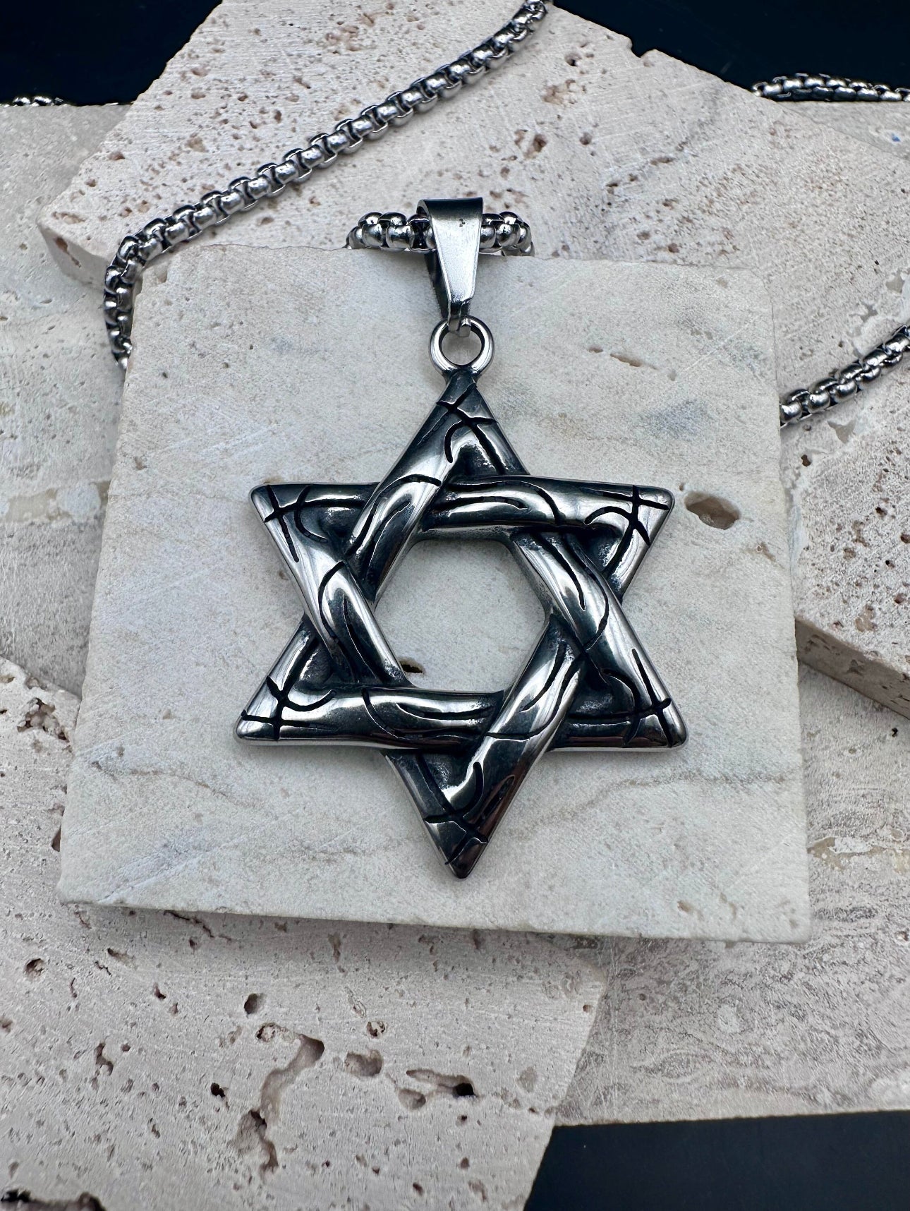 Stainless Steel Necklace Star of David for Men Silver 60 cm length