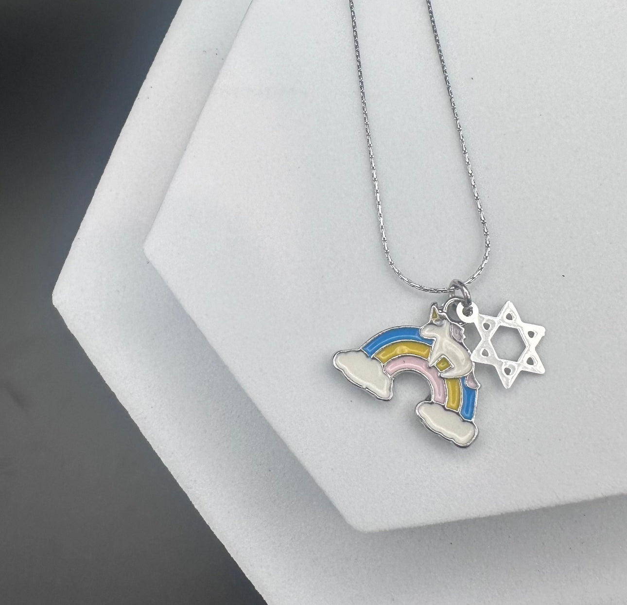 Silver Rainbow Unicorn Magen David Star of David Kids Necklace , 14’ Chain