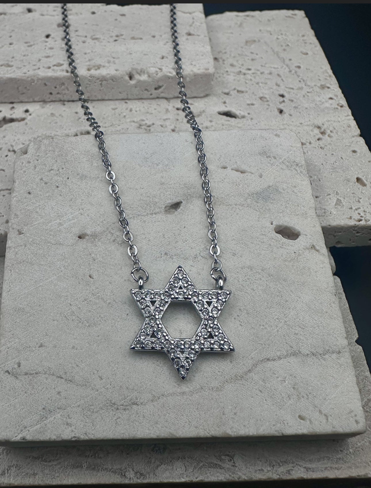 Jewish Star of David Crystal Silver Necklace