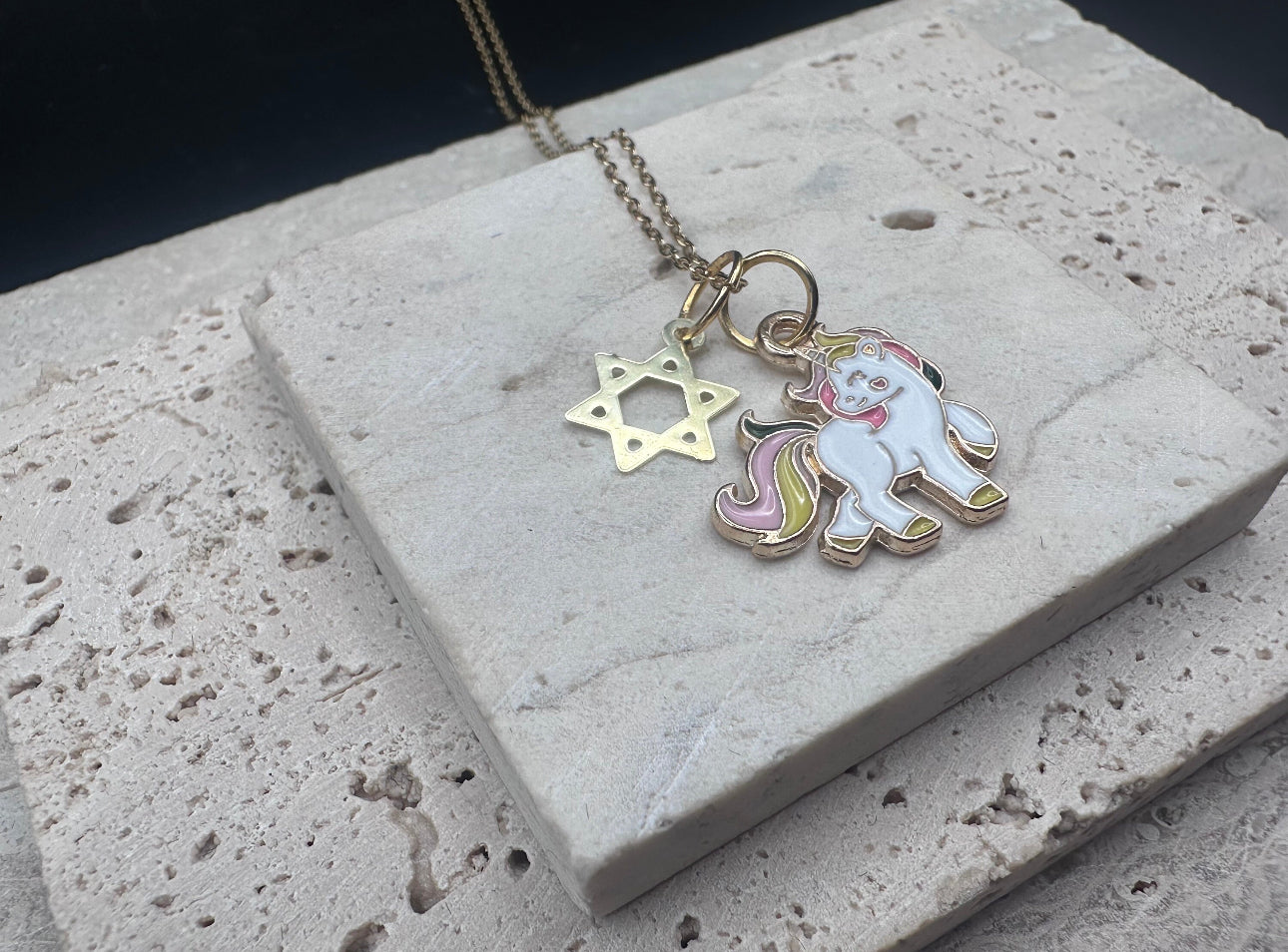 Gold Rainbow Unicorn Magen David Star of David Kids Necklace / Choker , adjustable length chain