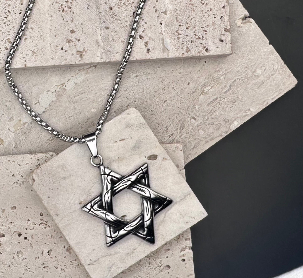 Stainless Steel Necklace Star of David for Men Silver 60 cm length