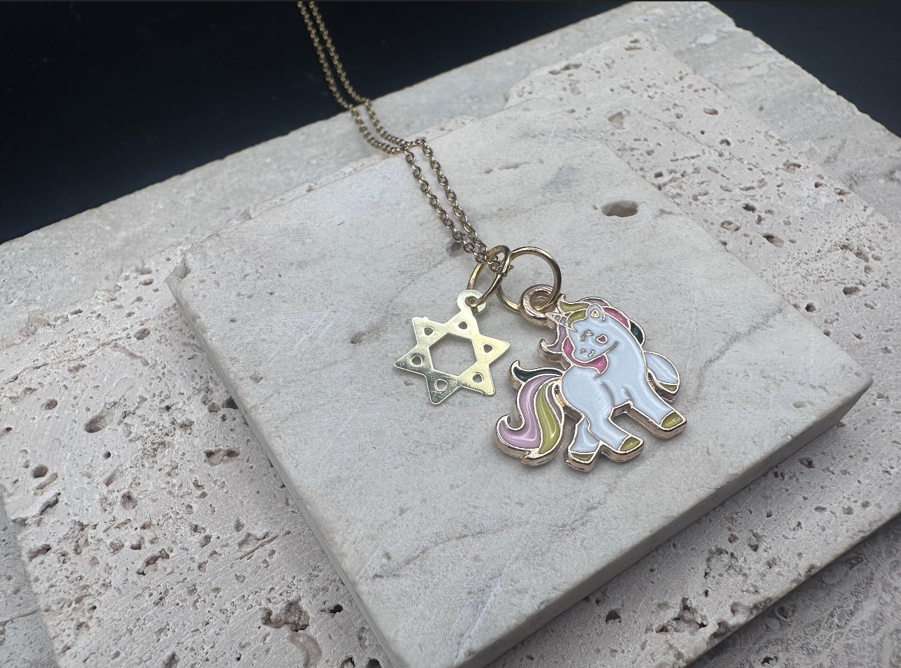 Gold Rainbow Unicorn Magen David Star of David Kids Necklace / Choker , adjustable length chain