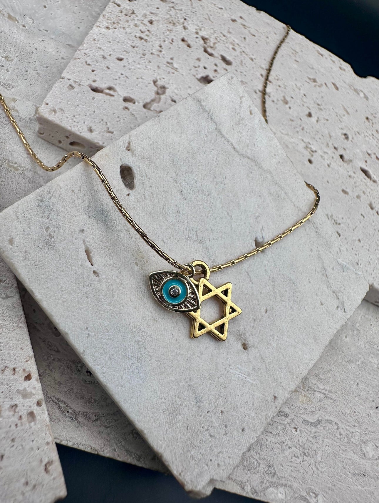 Gold Magen David Star of David and Gold Evil Eye Charm Necklace / Choker , length adjustable chain