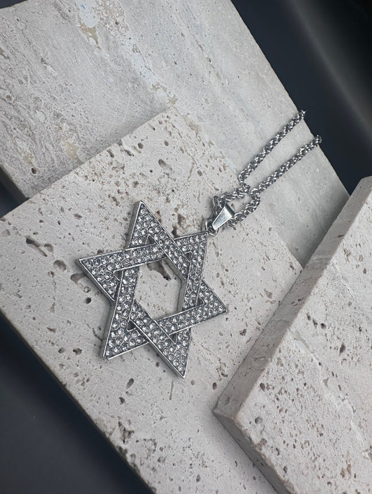 LARGE pendant Jewish Star crystals Magen David Necklace for Men and Women Silver