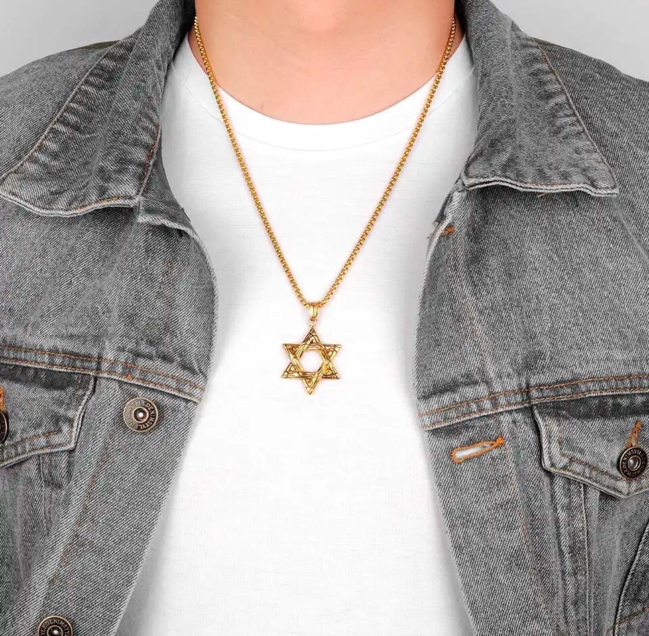 Stainless Steel Necklace Star of David for Men Gold 60 cm length