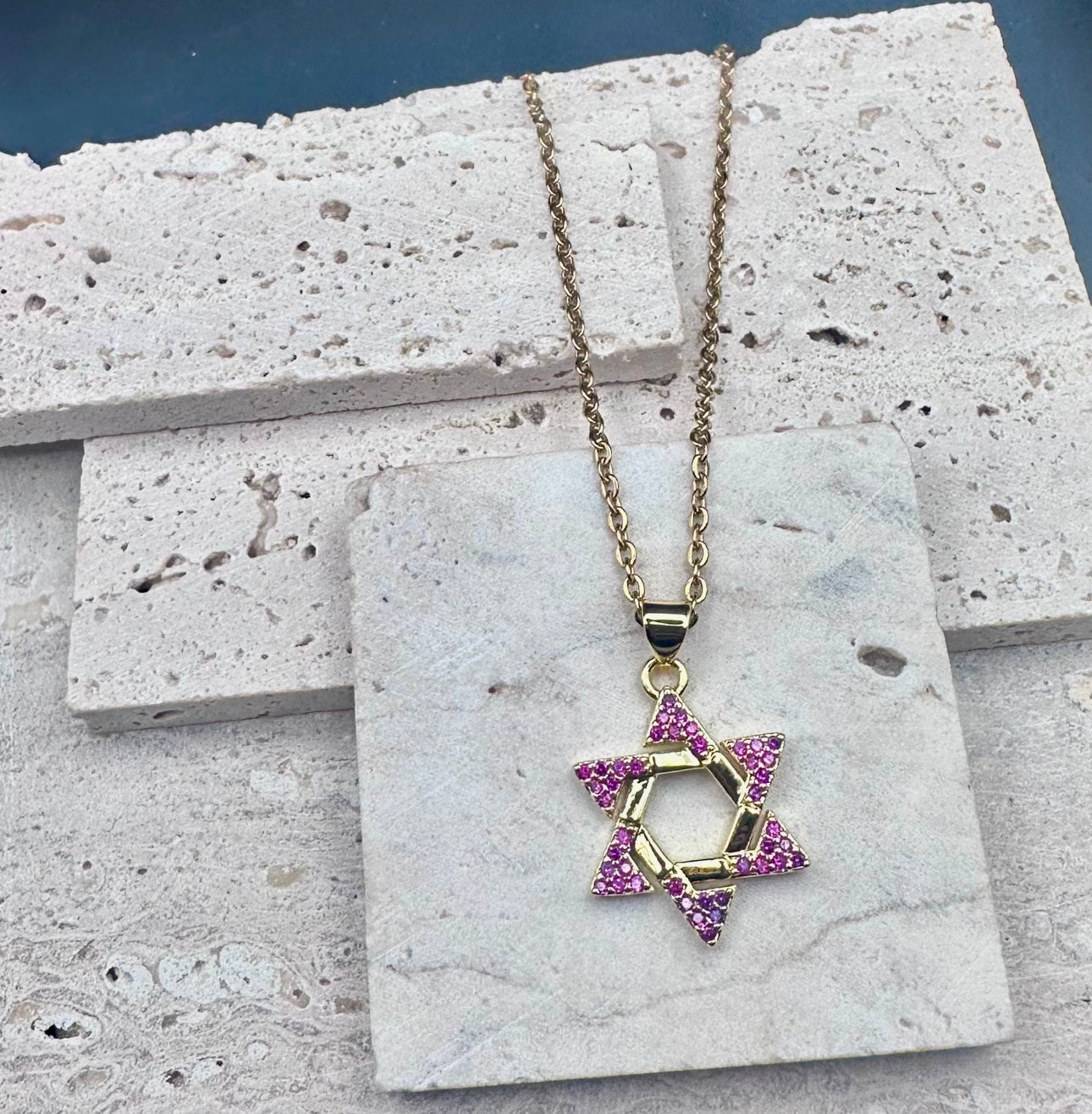 Gold, Pink Crystal Star of David Necklace