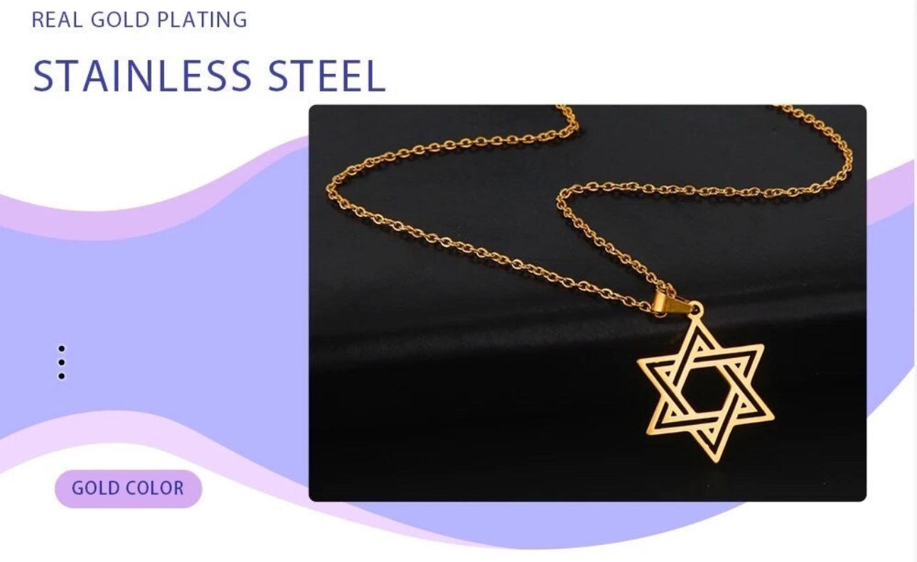 Stainless Steel Necklace Star of David for Men and Women Gold or Silver