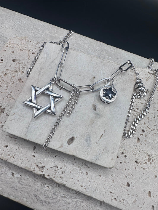 Silver Magen David Star of David with Black Star and Chain Pendant Necklace