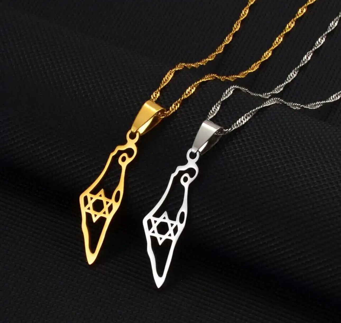 Women’s Gold Necklace , map of Israel with Jewish Star Magen David