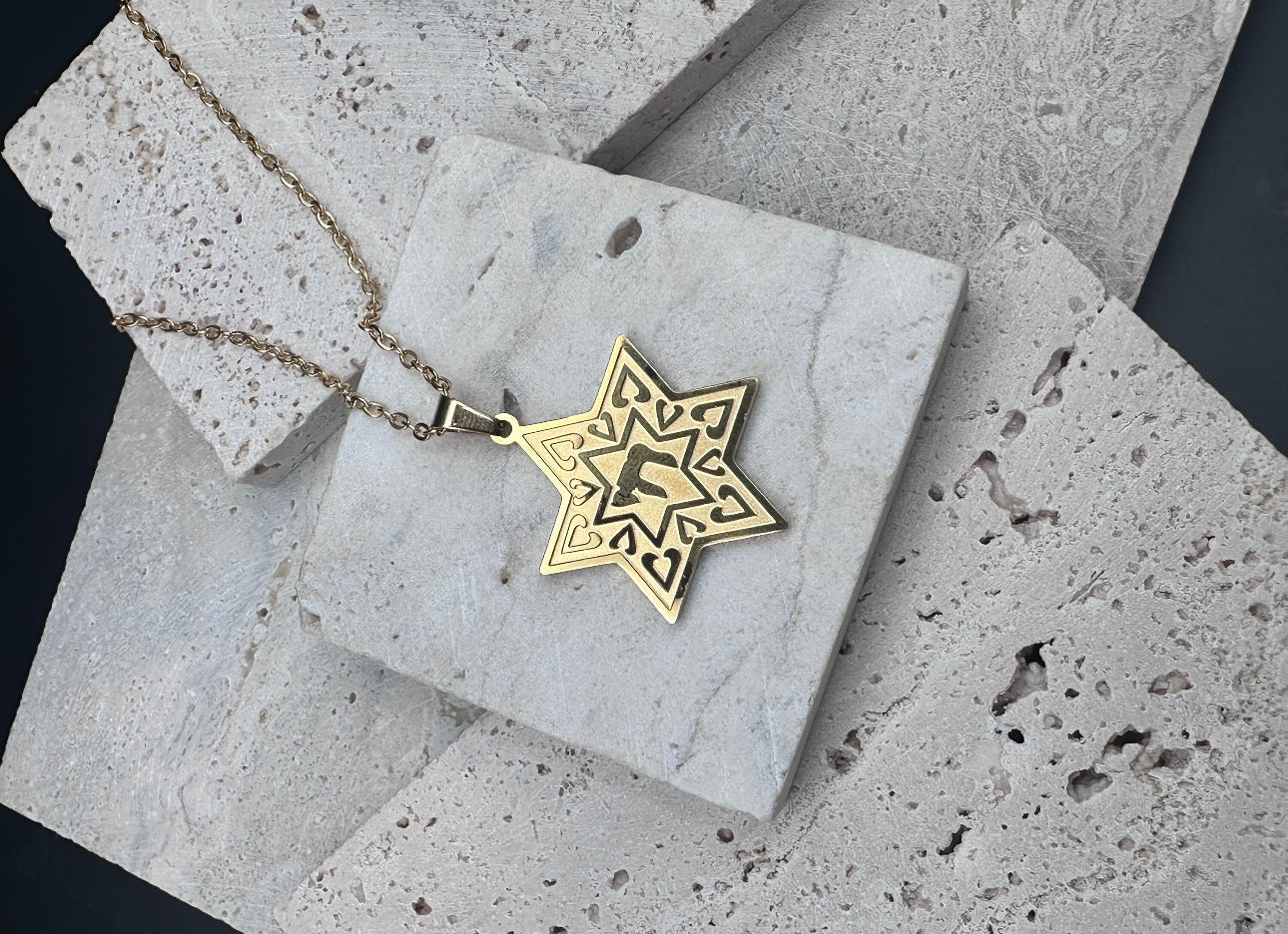 Star of David Chai Hai Pendant Necklace Stainless Steel Gold Color Israel Jewish Judaism