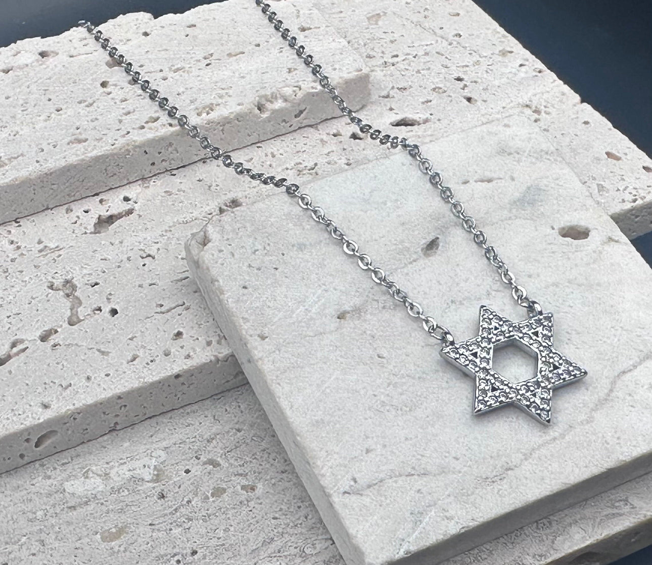 Jewish Star of David Crystal Silver Necklace