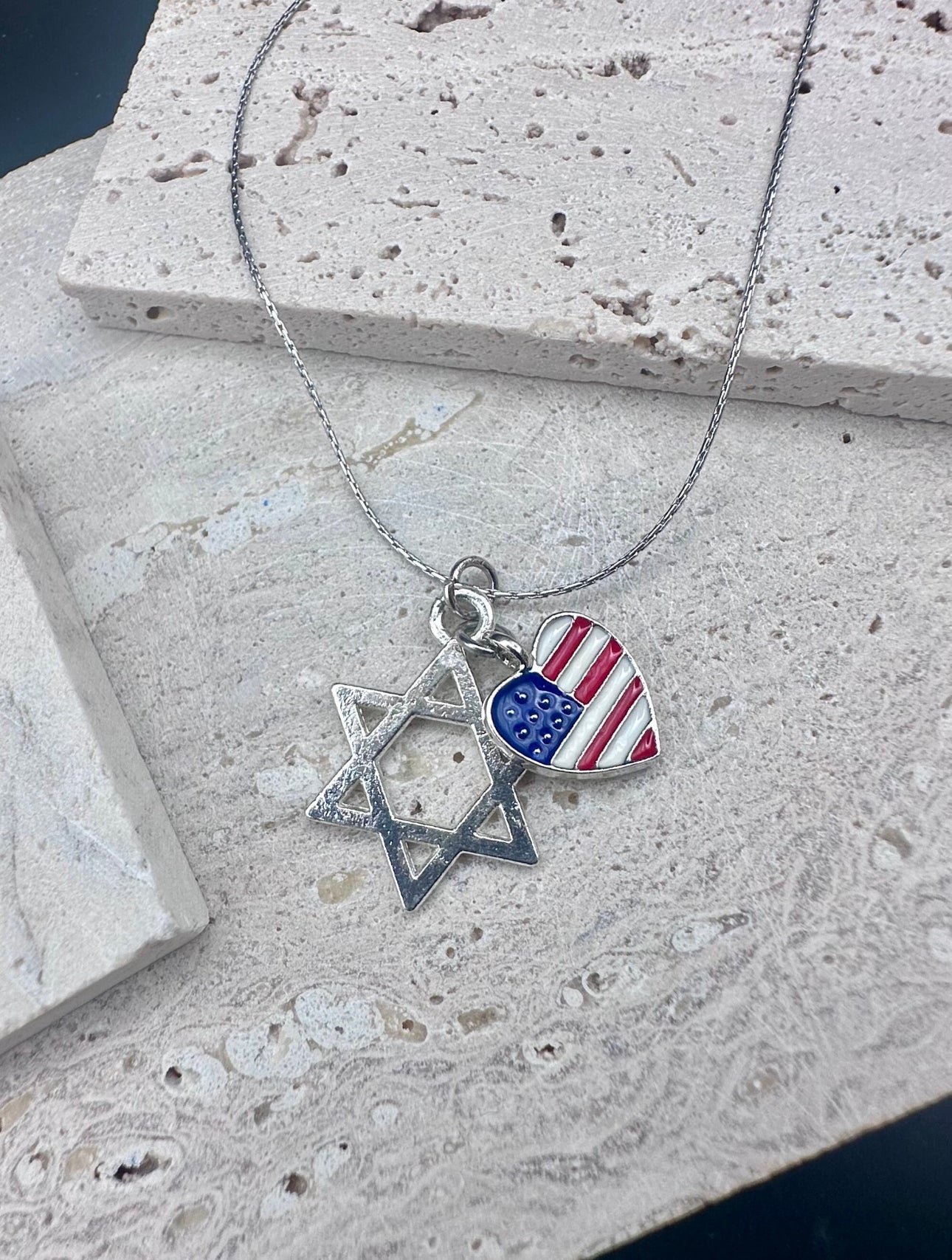 Silver Magen David Star of David and American Flag Heart Charm Necklace , 16’ 0.6mm Chain