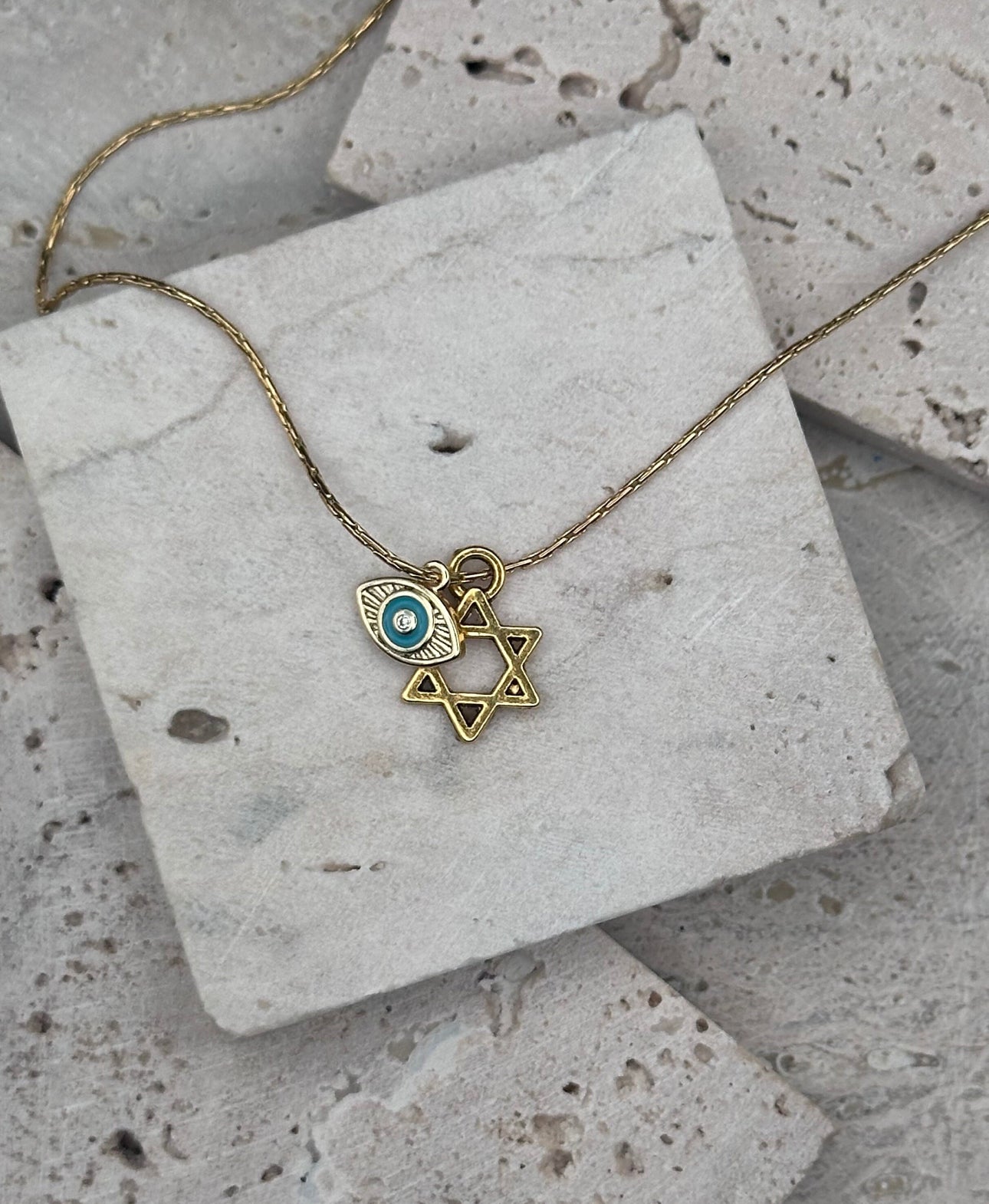 Gold Magen David Star of David and Gold Evil Eye Charm Necklace / Choker , length adjustable chain