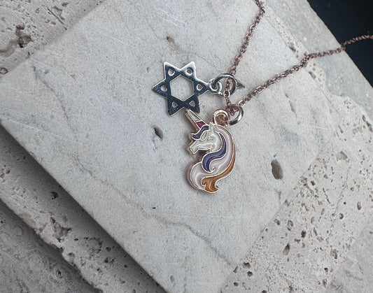 Rose Gold Rainbow Unicorn Magen David Star of David Kids Necklace / Choker , adjustable length chain