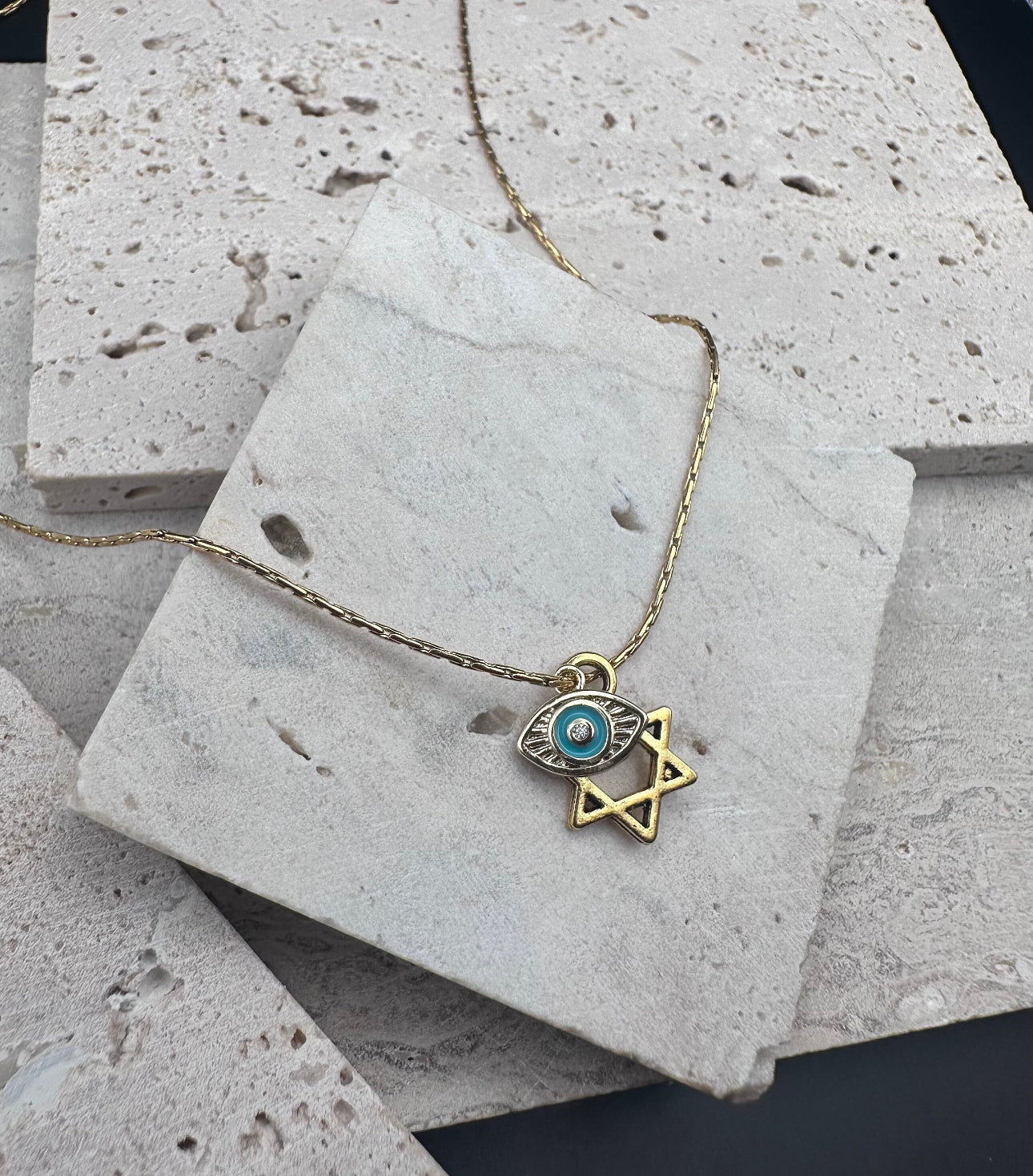 Gold Magen David Star of David and Gold Evil Eye Charm Necklace / Choker , length adjustable chain