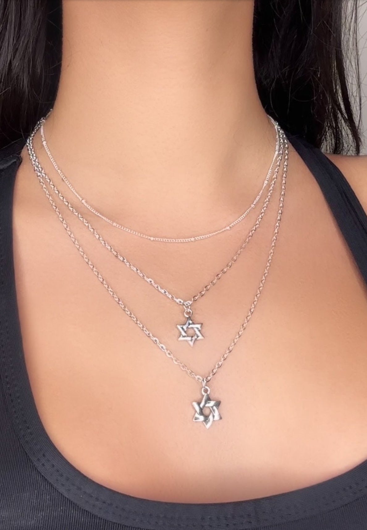 Triple Layer Silver Magen David Star of David Pendants Necklace