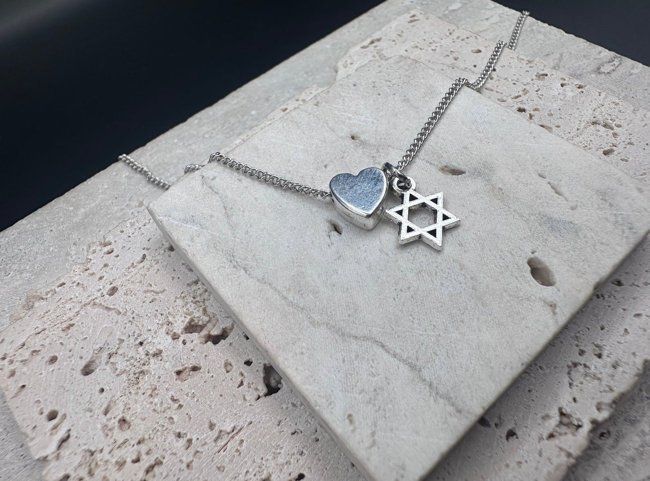 Silver Magen David Star of David and Heart Pendant Necklace