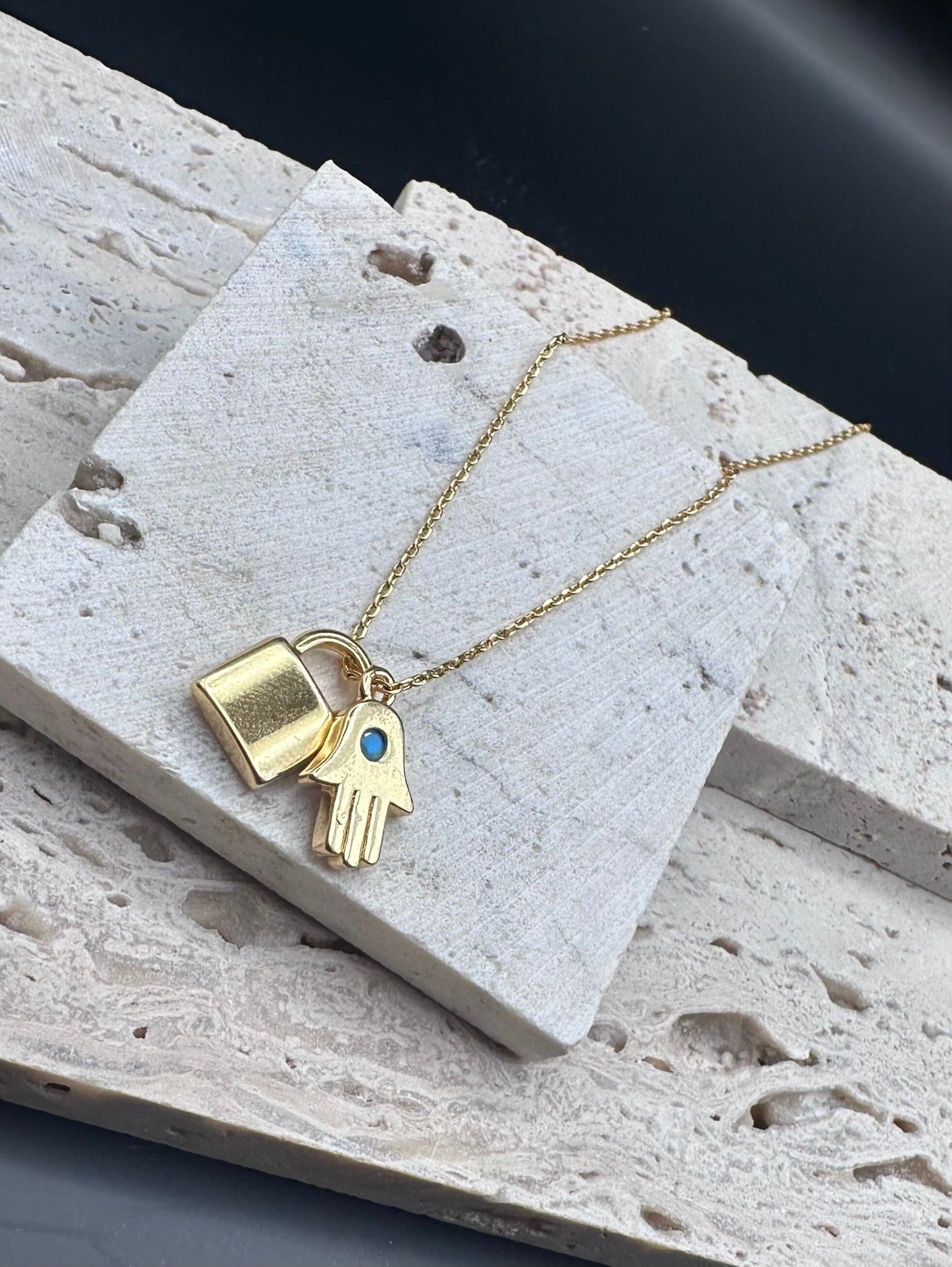 Gold Hamsa and Gold Lock Charm Necklace , length adjustable chain