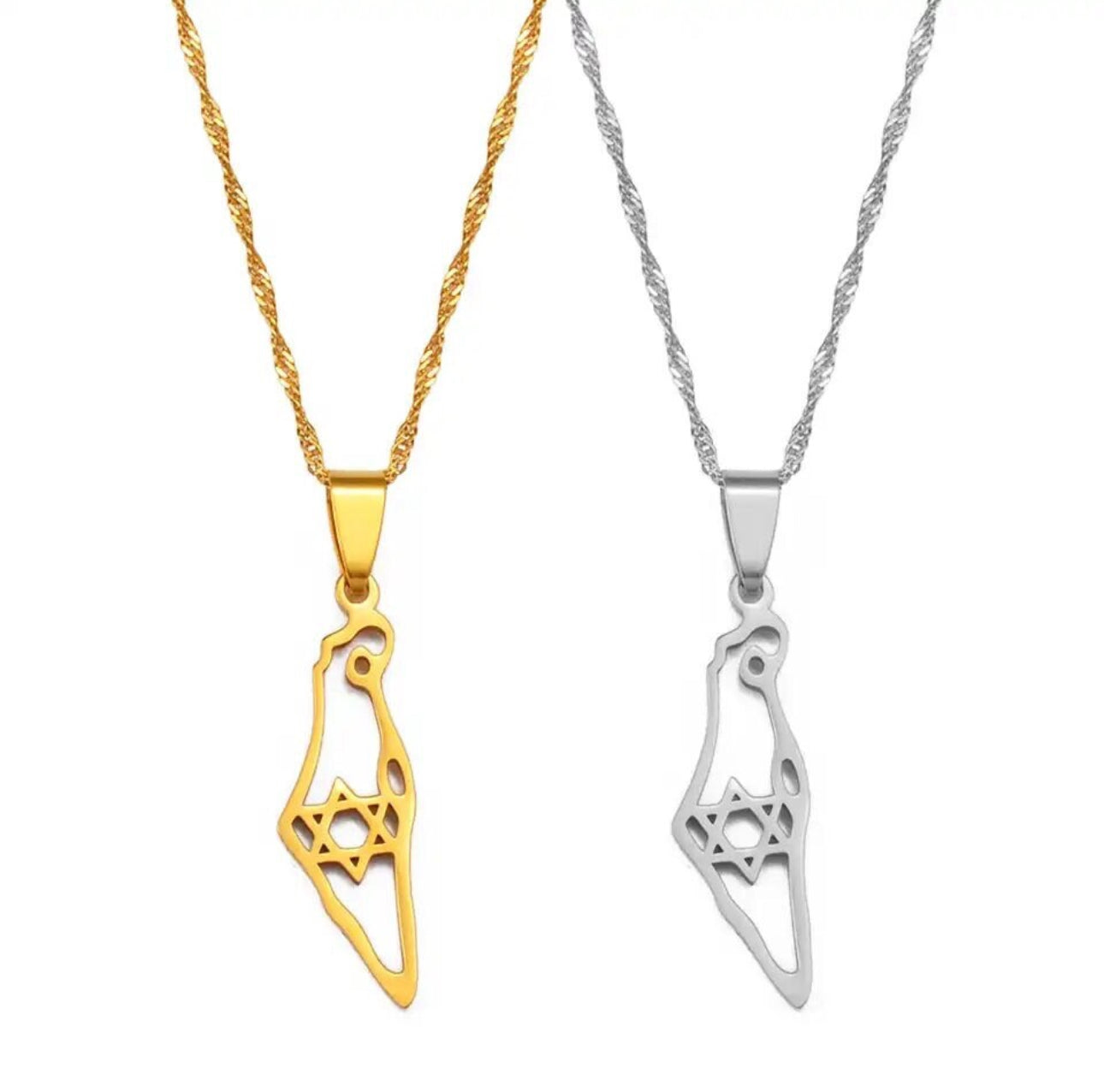 Women’s Gold Necklace , map of Israel with Jewish Star Magen David