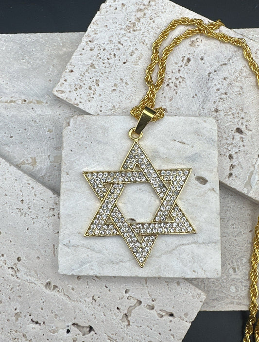 LARGE pendant Jewish Star crystals Magen David Necklace for Men and Women Gold