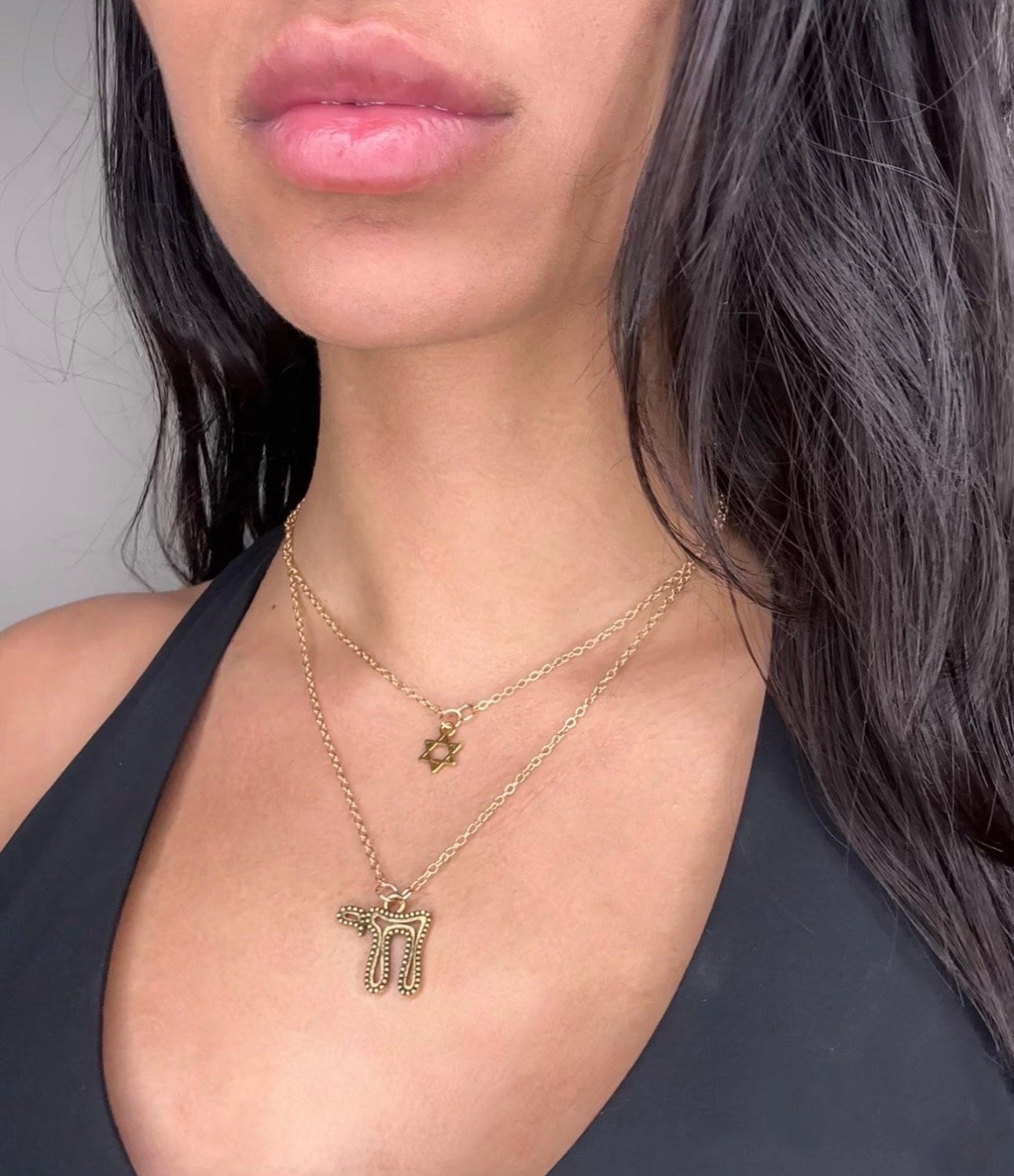 Gold Double Layer Magen David Star of David and Chai Hai Charm Necklace