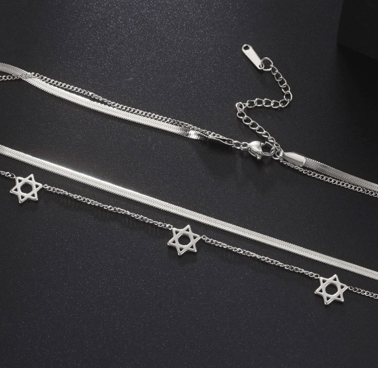 Double Layer Star of David Necklace Silver Stainless Steel