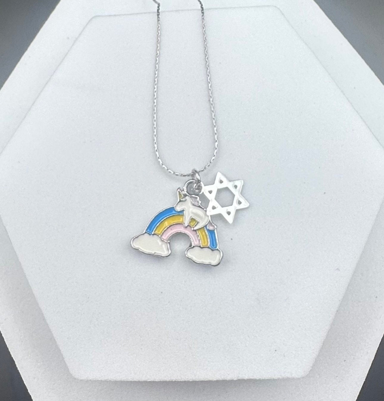 Silver Rainbow Unicorn Magen David Star of David Kids Necklace , 14’ Chain