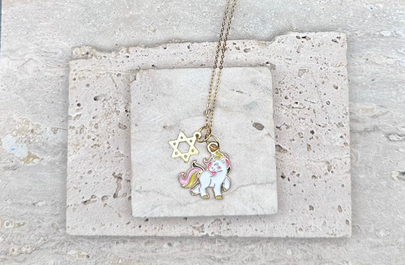 Gold Rainbow Unicorn Magen David Star of David Kids Necklace / Choker , adjustable length chain