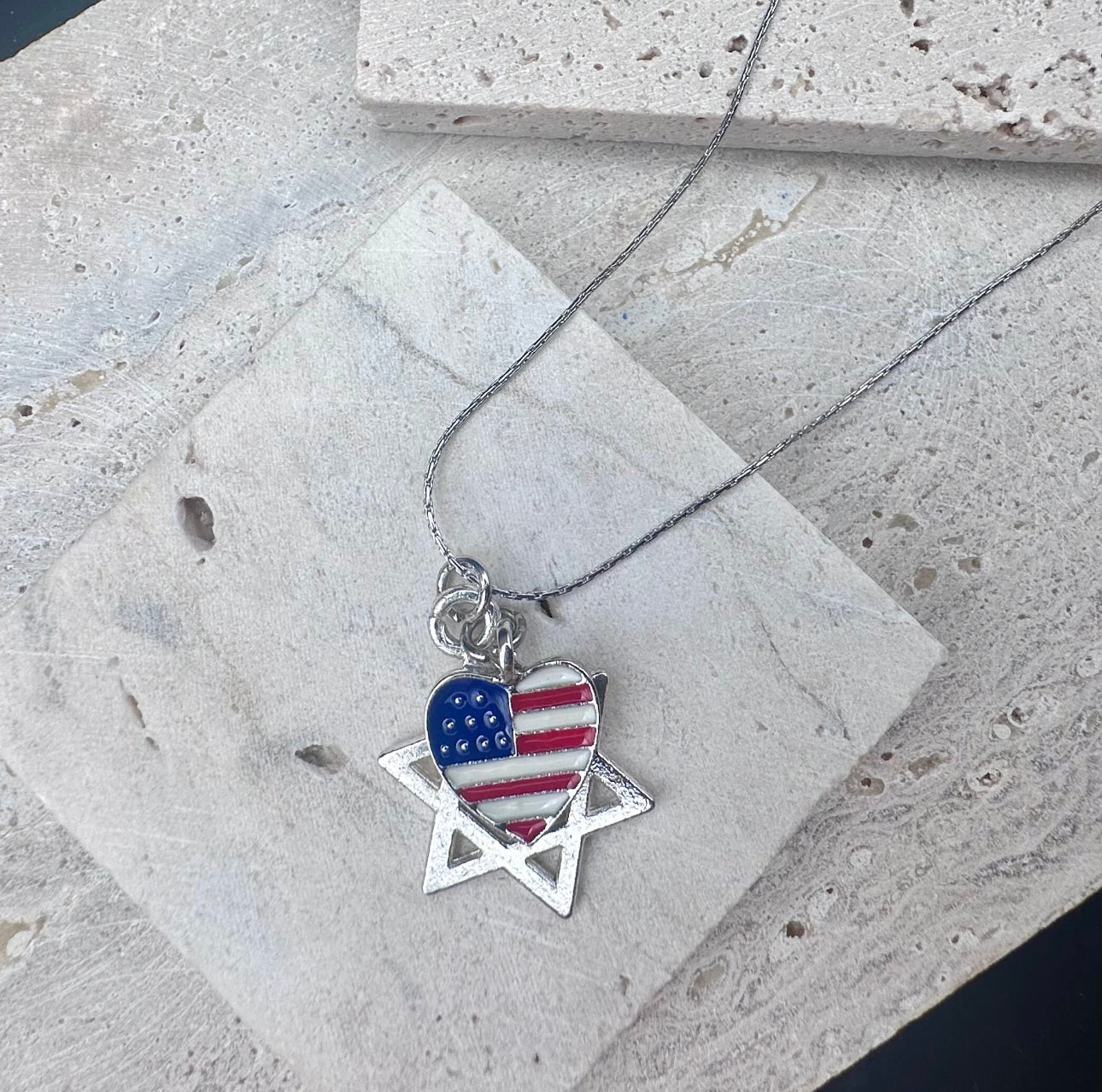 Silver Magen David Star of David and American Flag Heart Charm Necklace , 16’ 0.6mm Chain